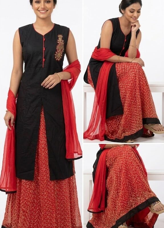 Black & Red Kurta with Printed Skirt and Dupatta Set