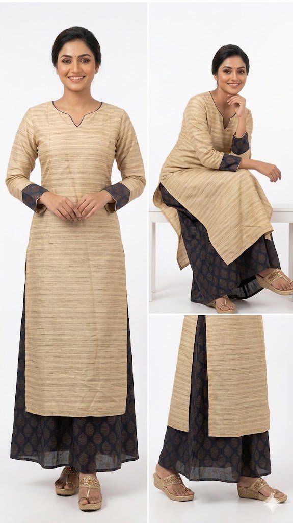 Beige & Black Kurta Set