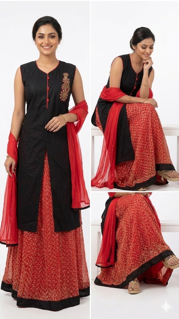Black Kurta with Red Skirt